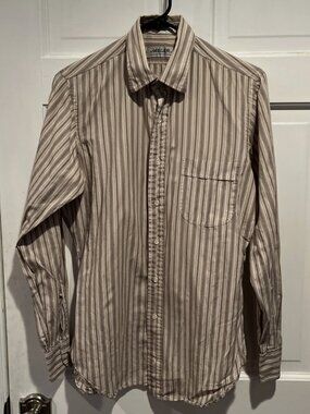Vintages 80s Jaeger Men's Brown Blue Cotton Striped Button Up Dress Shirt 15
